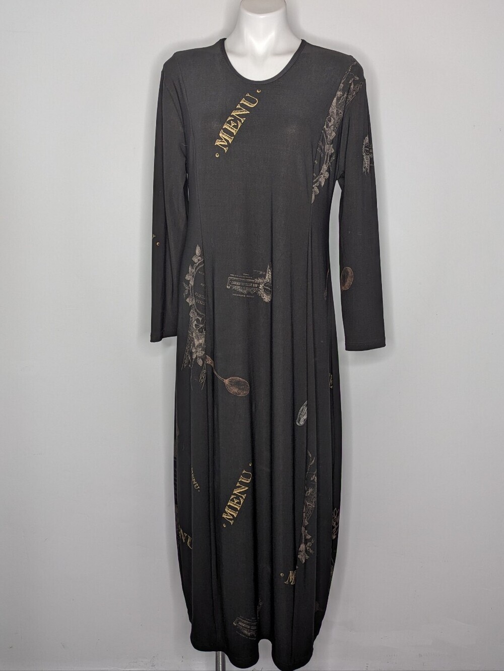 Staley Gretzinger Black Tan Cafe Restaurant Menu Long Sleeve Maxi Dress M